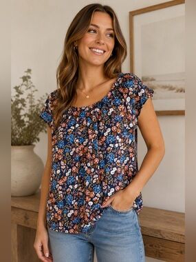 LC Lauren Conrad Colorful Floral Print Blouse size M